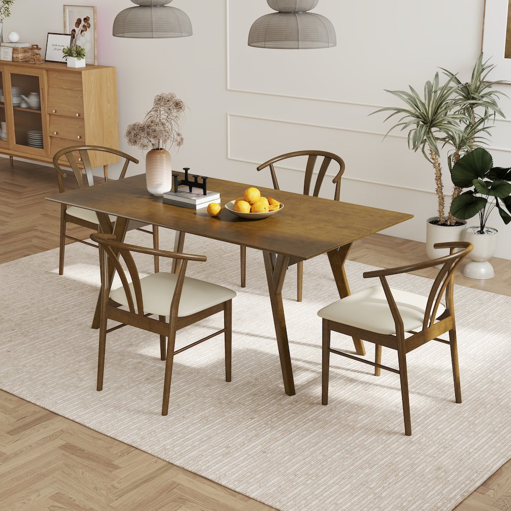 5-Piece Dining Set, Walnut Finished Dining Table with 4 Brown Wishbone Chairs. Picture 2