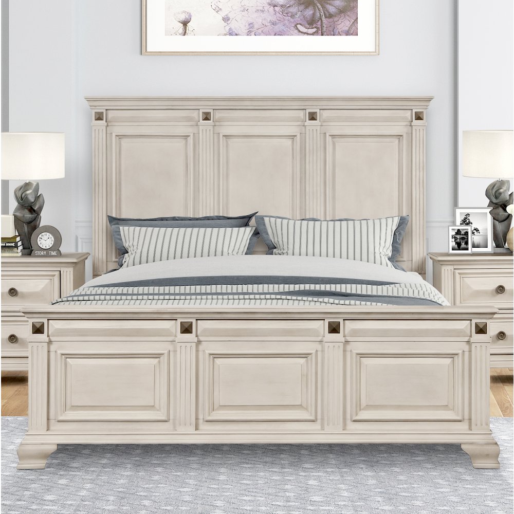 Renova 3-Piece Distressed Parchment Bedroom Set, King Bed with 2 Nightstands. Picture 5
