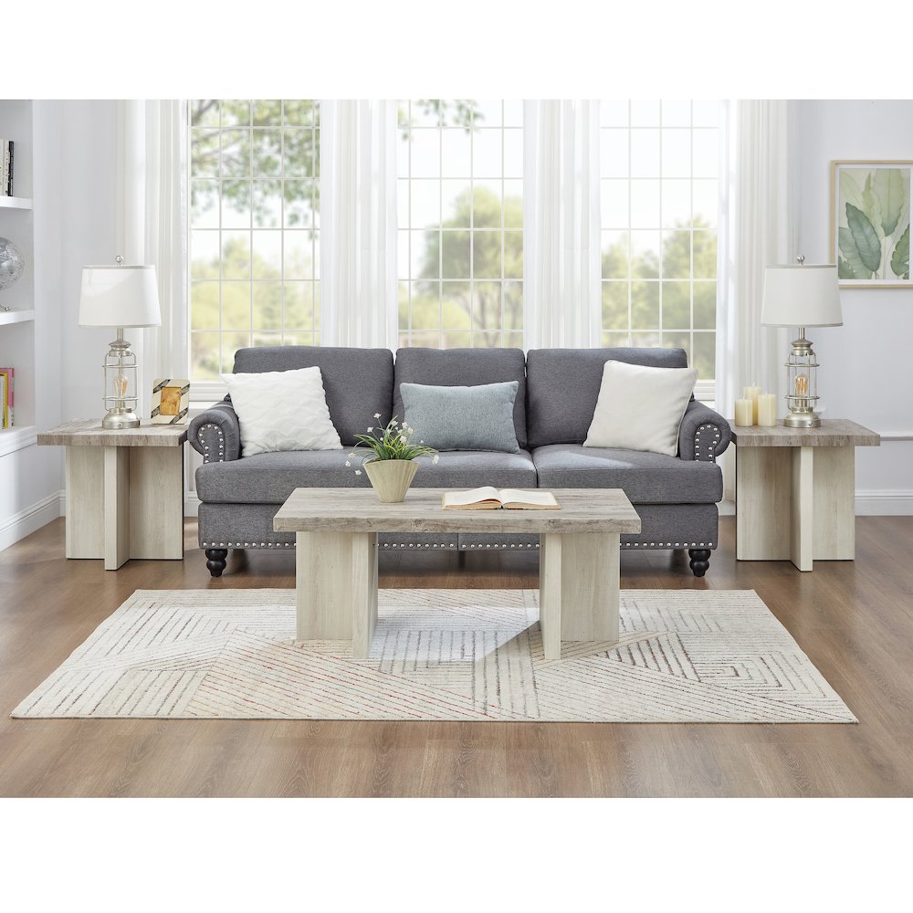 3-Piece Coffee Table Set, Coffee Table, Two End Tables, Weathered Gray and Beige. Picture 3