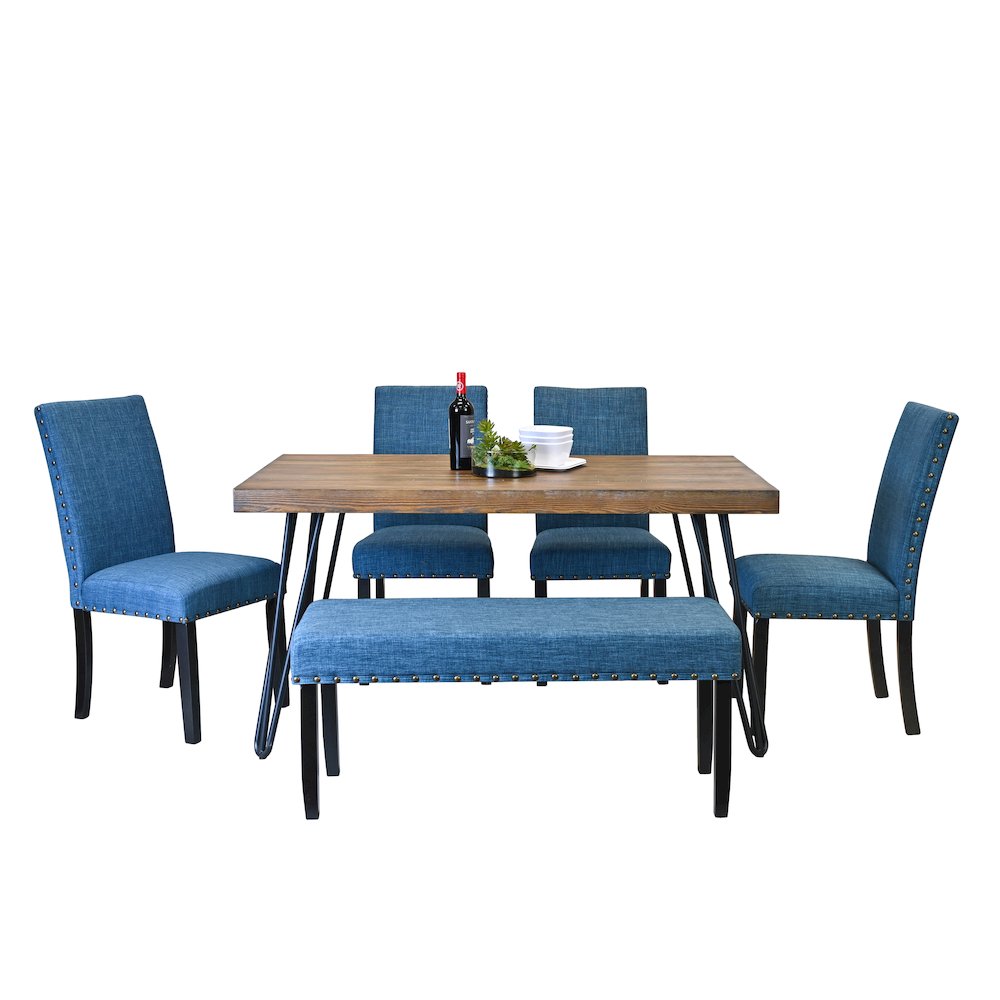 Amisos 6-Pc Dining Set, Hairpin Dining Table with 4 Chairs and Bench, Blue. Picture 1
