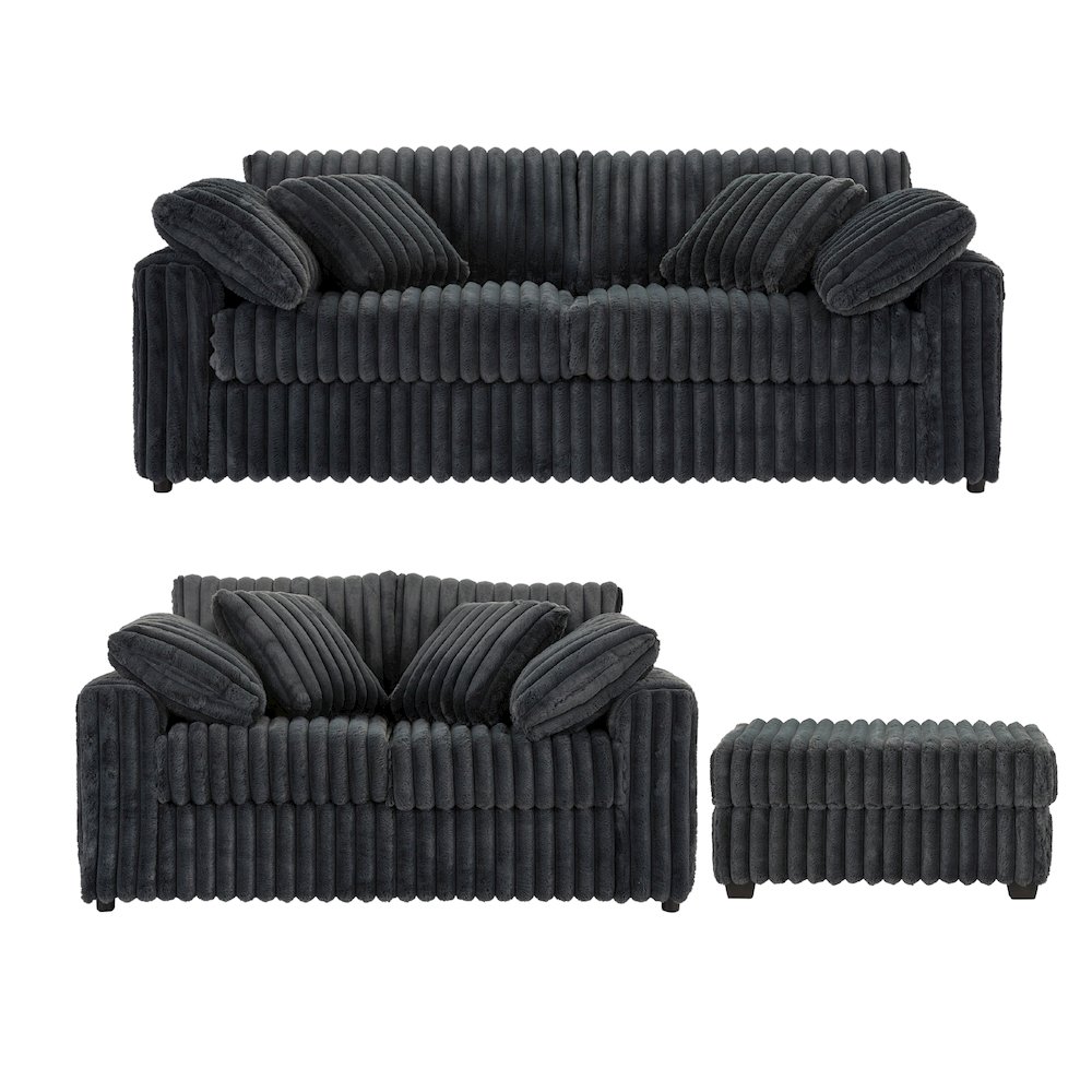 Belvoir 3-Piece Living Room Set, Sofa Loveseat and Ottoman, Charcoal. Picture 12