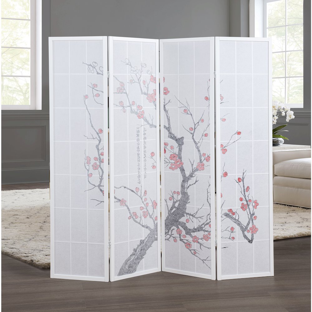 Elandra 4-Panel Room Divider, Plum Blossom Print, Privacy Screen, White. Picture 2