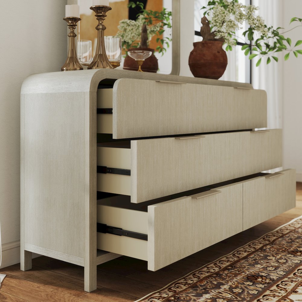 Tavari Contemporary 6-Drawer Wood Dresser with Mirror, Light Gray. Picture 4