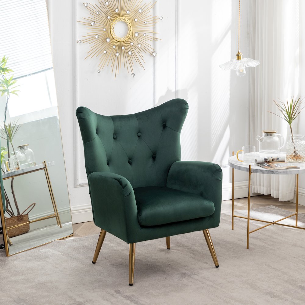 Sovarol Velvet Button-Tufted Wing Back Accent Chair, Green. Picture 3