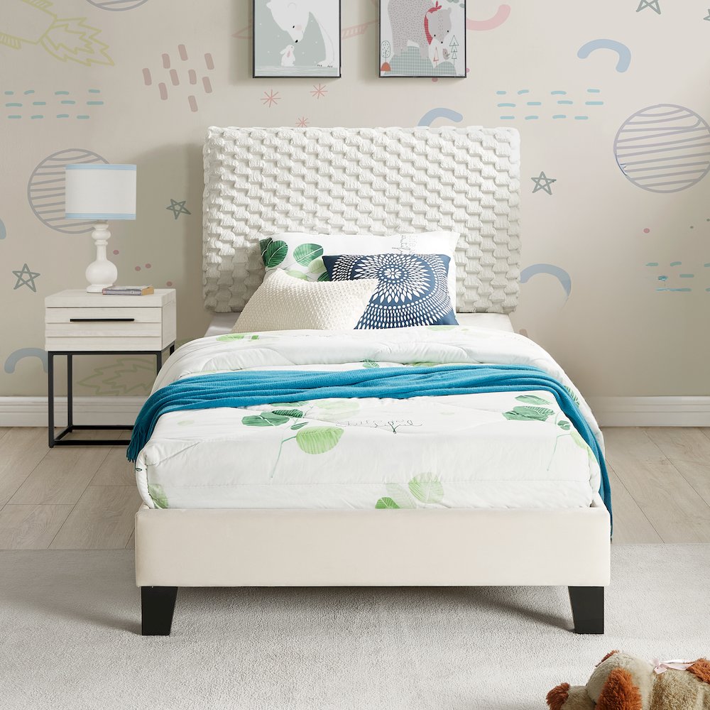 Findlay 2-Piece Bedroom Set, Plush 3D Upholstered Bed with Nightstand, Twin. Picture 2