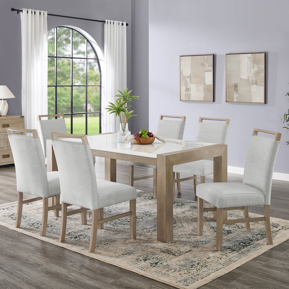 Zelalle 7-Piece Dining Set, Table with 6 Chairs, White Wired-Brushed Finish. Picture 2