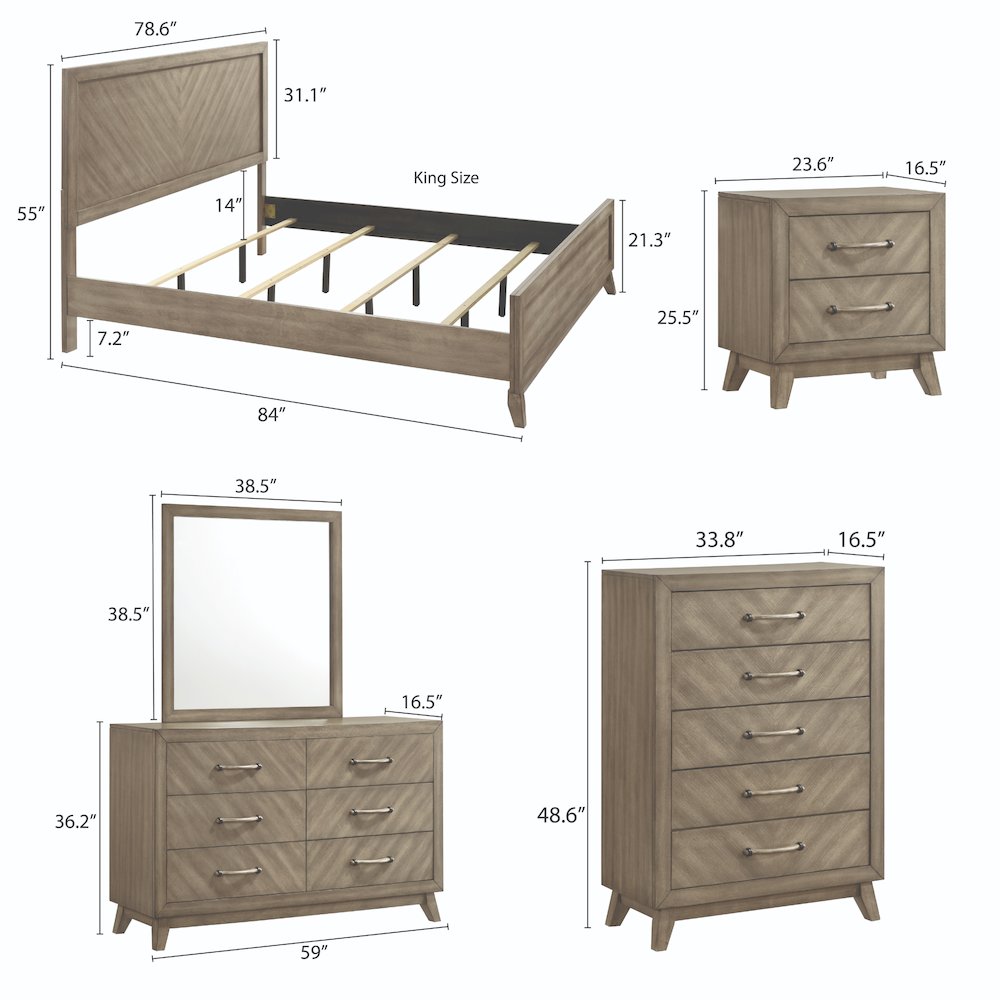 Bedroom Set: King Bed, Dresser, Mirror, 2 Nightstands, Chest in Weathered Sand. Picture 17