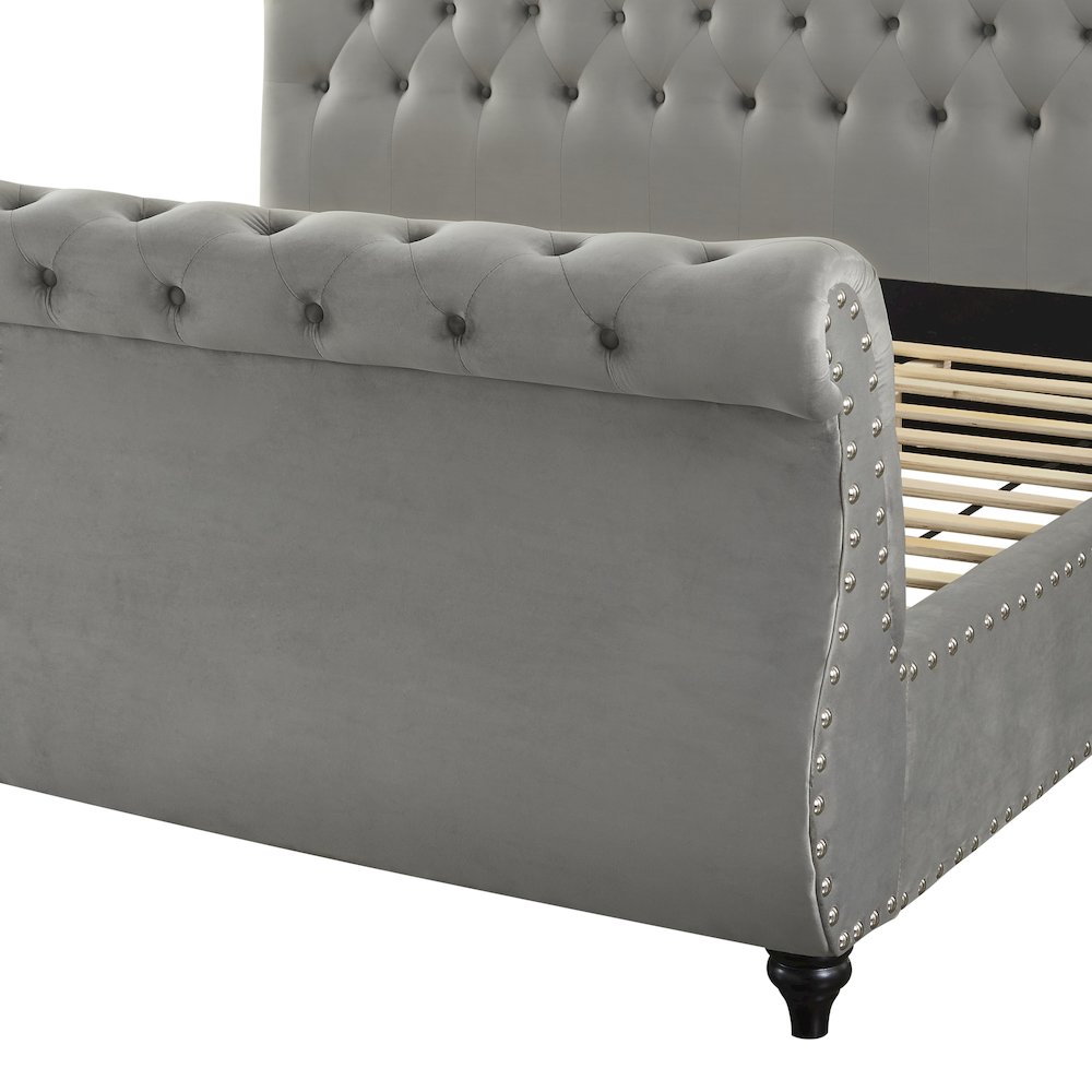 Evora Gray Velvet Upholstered Button Tufted Sleigh Bed, Queen. Picture 5