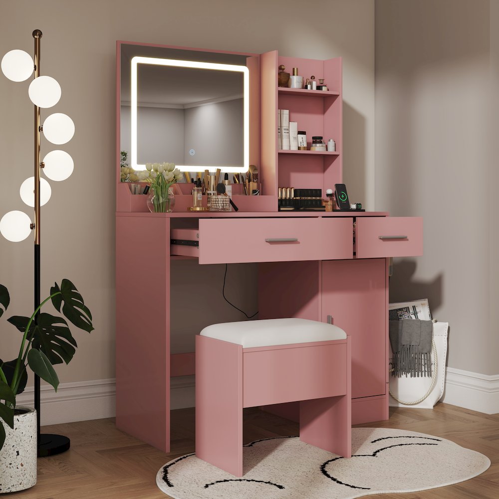 Makeup Vanity Set, Vanity Desk, Stool, LED Light Mirror, Pink. Picture 12
