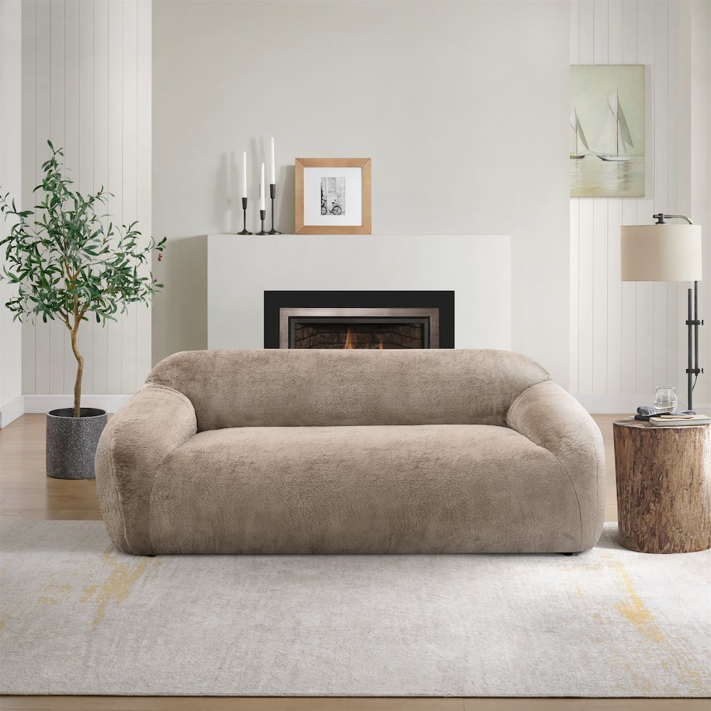 Adell Polar Bear Faux Fur Upholstered Sofa, Camel Brown. Picture 2
