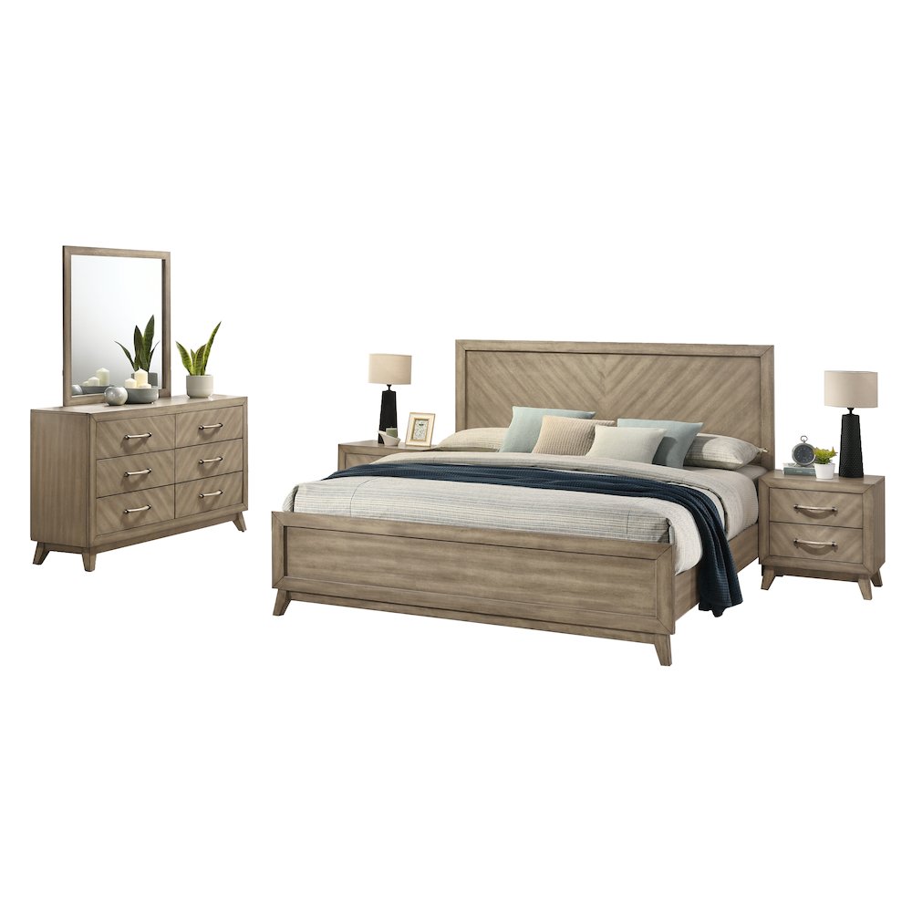 Wood Bedroom Set: Queen Bed, Dresser, Mirror, 2 Nightstands in Weathered Sand