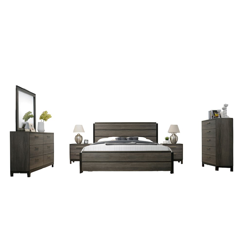 Grey Finish Wood Bed Room Set, Queen Bed, Dresser, Mirror, 2 Night Stands, Chest. Picture 1