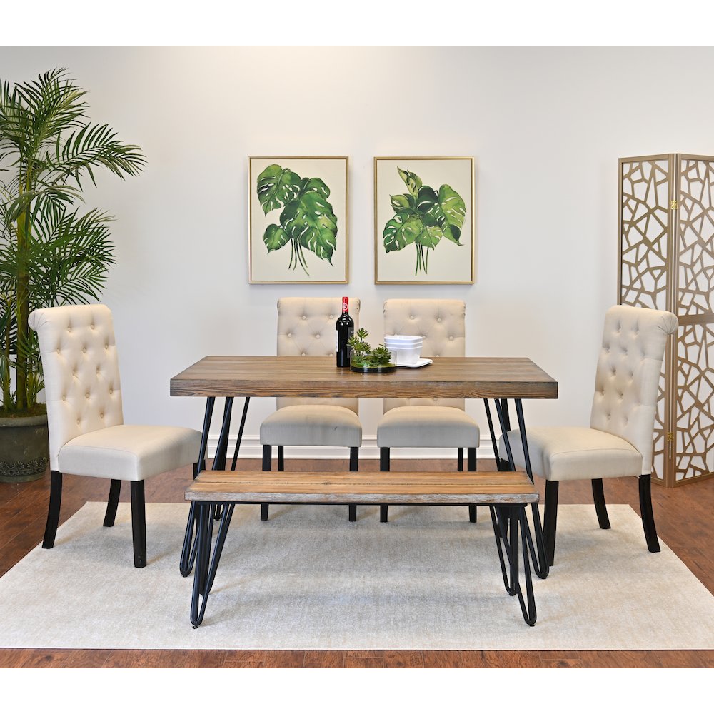 Ashford 6-Pc Dining Set, Hairpin Dining Table with 4 Chairs and Bench, Tan. Picture 2