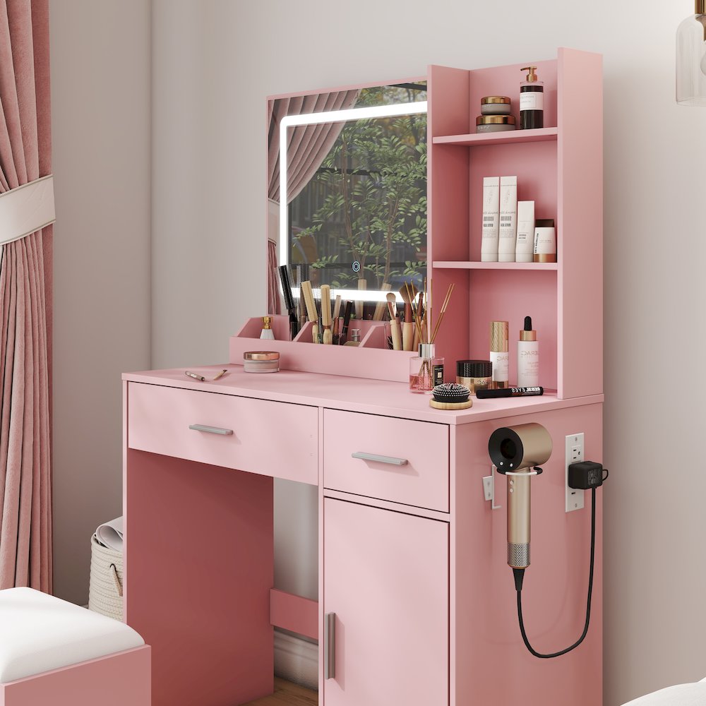 Makeup Vanity Set, Vanity Desk, Stool, LED Light Mirror, Pink. Picture 5