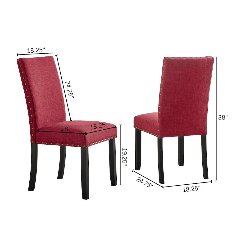 Biony Espresso Wood Dining Set with 4 Fabric Nailhead Chairs, Red. Picture 10