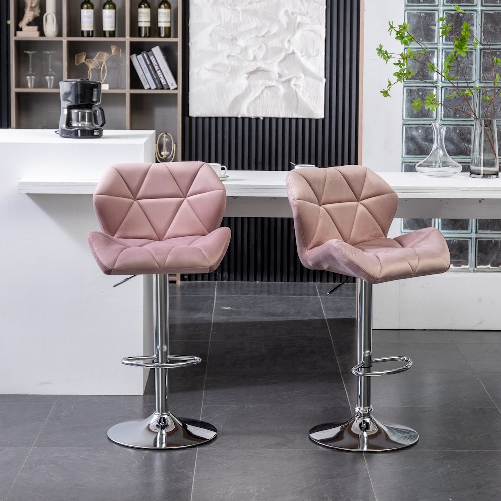 Breni Velvet Diamond Tufted Swivel Adjustable Height Barstool, Set of 2, Mauve. Picture 5