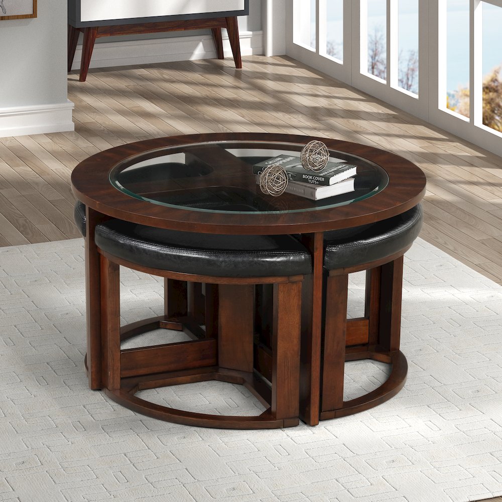 Cylina Solid Wood Glass Top Round Coffee Table with 4 Stools. Picture 5