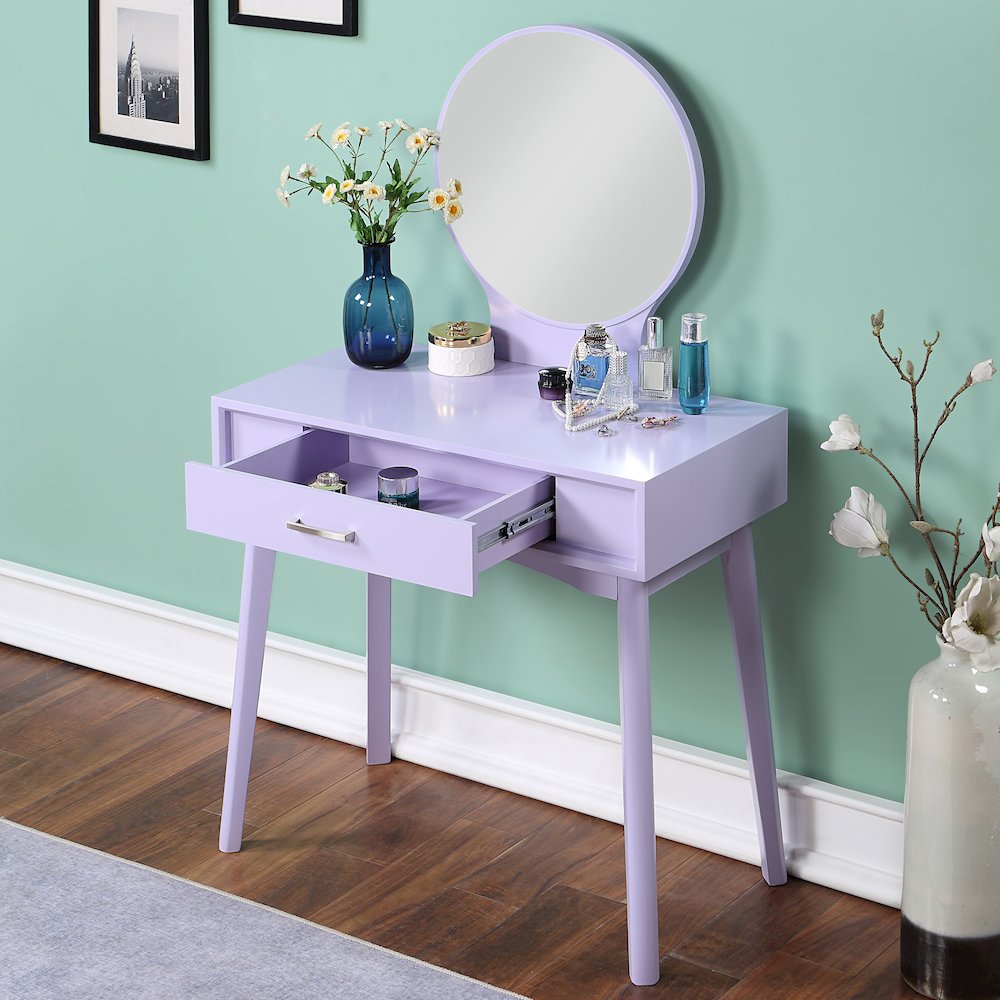 Maly Contemporary Wood Vanity and Stool Set, Purple. Picture 3