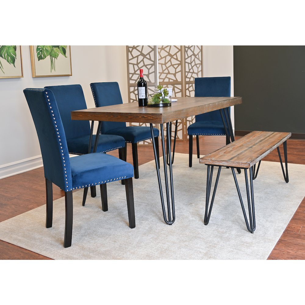Ashzo 6-Pc Dining Set, Hairpin Dining Table with 4 Chairs and Bench, Blue. Picture 6