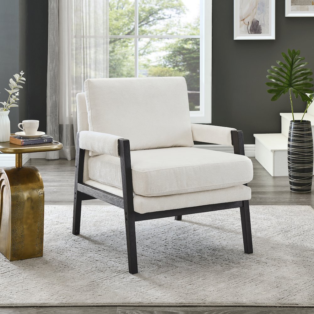 Kelly Mid-Century Modern Chenille Upholstered Accent Armchair, White. Picture 2