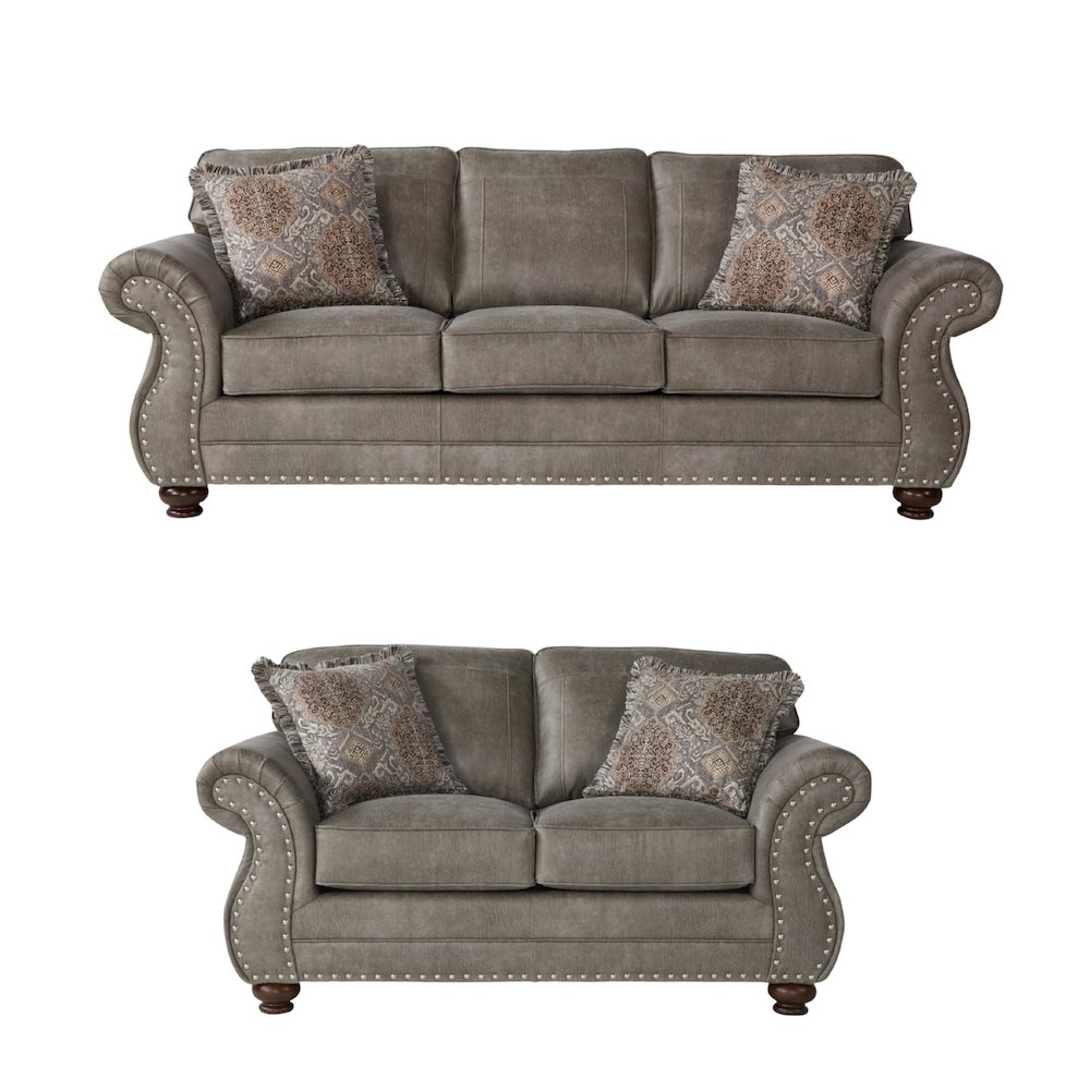 Leinster Faux Leather Upholstered Nailhead Sofa and Loveseat Set in Stone Gray. Picture 1