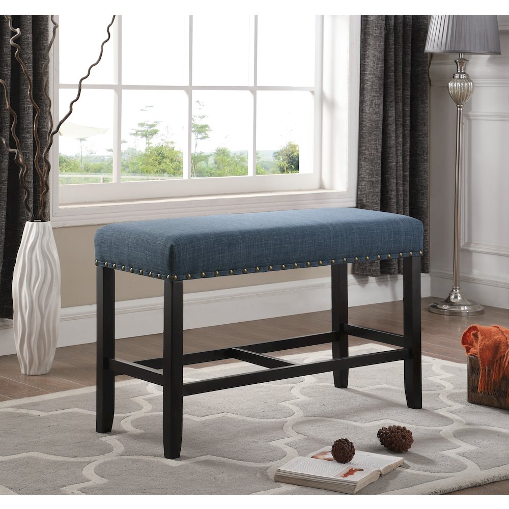 Biony Blue Fabric Counter Height Dining Bench with Nailhead Trim. Picture 2