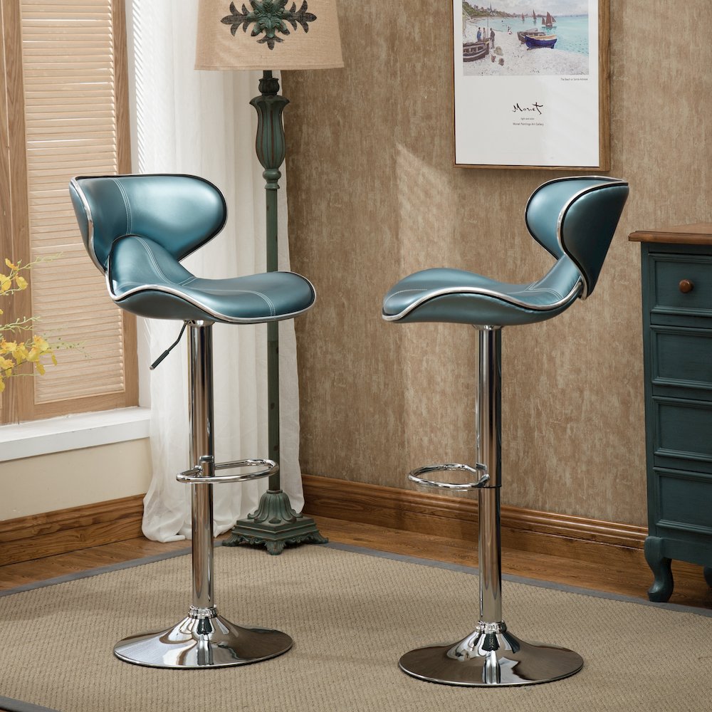 Masaccio Blue Leatherette Adjustable Swivel Barstool Chrome Base, Set of 2. Picture 3