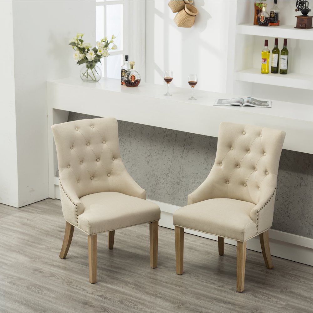 Luna Tan Button Tufted Solid Wood Wingback Chairs with Nail Heads Set of 2. Picture 5