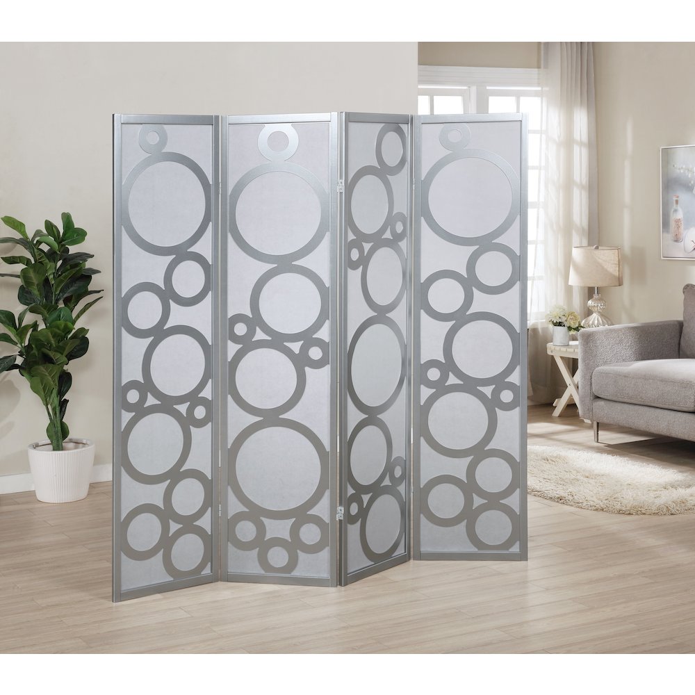 Arvada 4-Panel Wood Room Divider with Circle Pattern, Silver. Picture 2