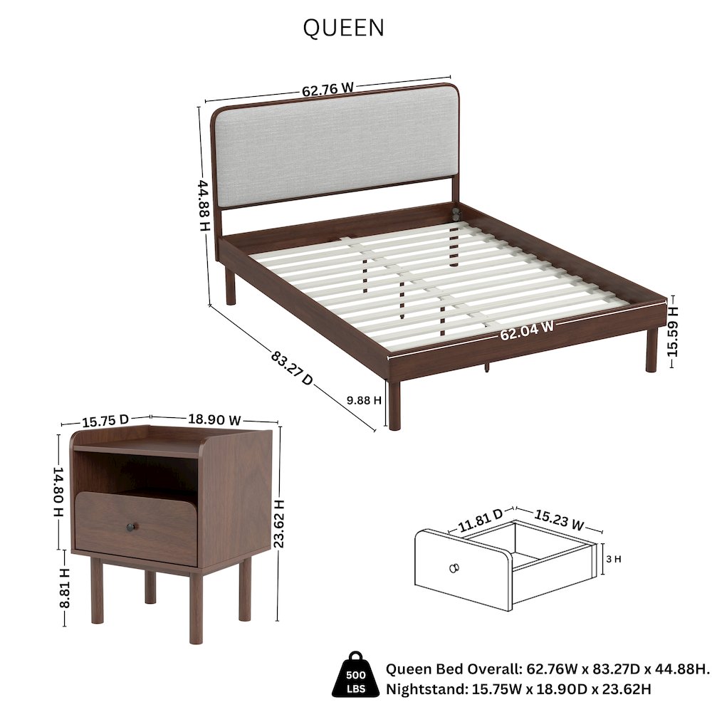 Wyller 2-Piece Bedroom Set, Platform Bed with Nightstand, Natural Walnut, Queen. Picture 15