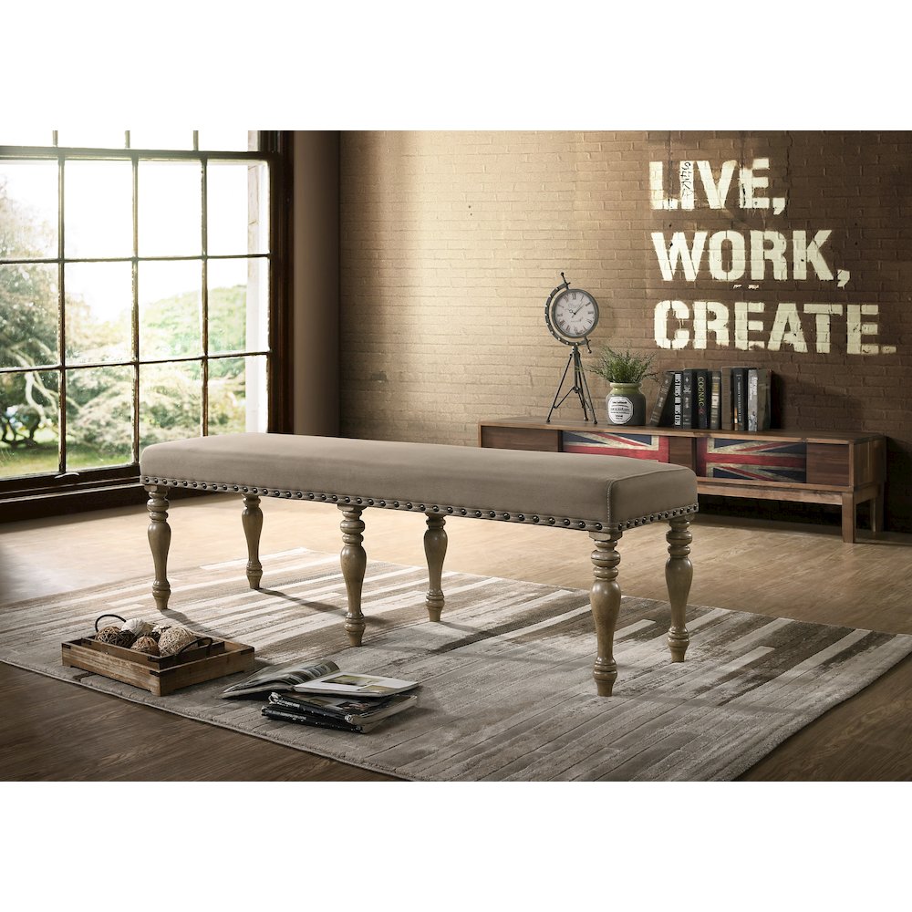 Birmingham Microfiber Upholstered Bench with Nail Head Trim in Driftwood Finish. Picture 2