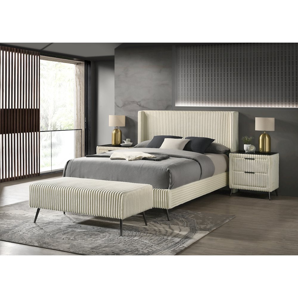 Mavela Wide Wale Corduroy Upholstery Panel Queen Bed with 2 Nightstands, Cream. Picture 2