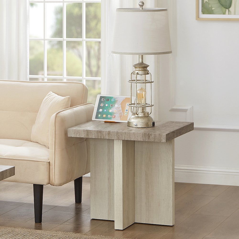 Mchome Square End Table, Nightstand, Weathered Gray and Beige. Picture 3