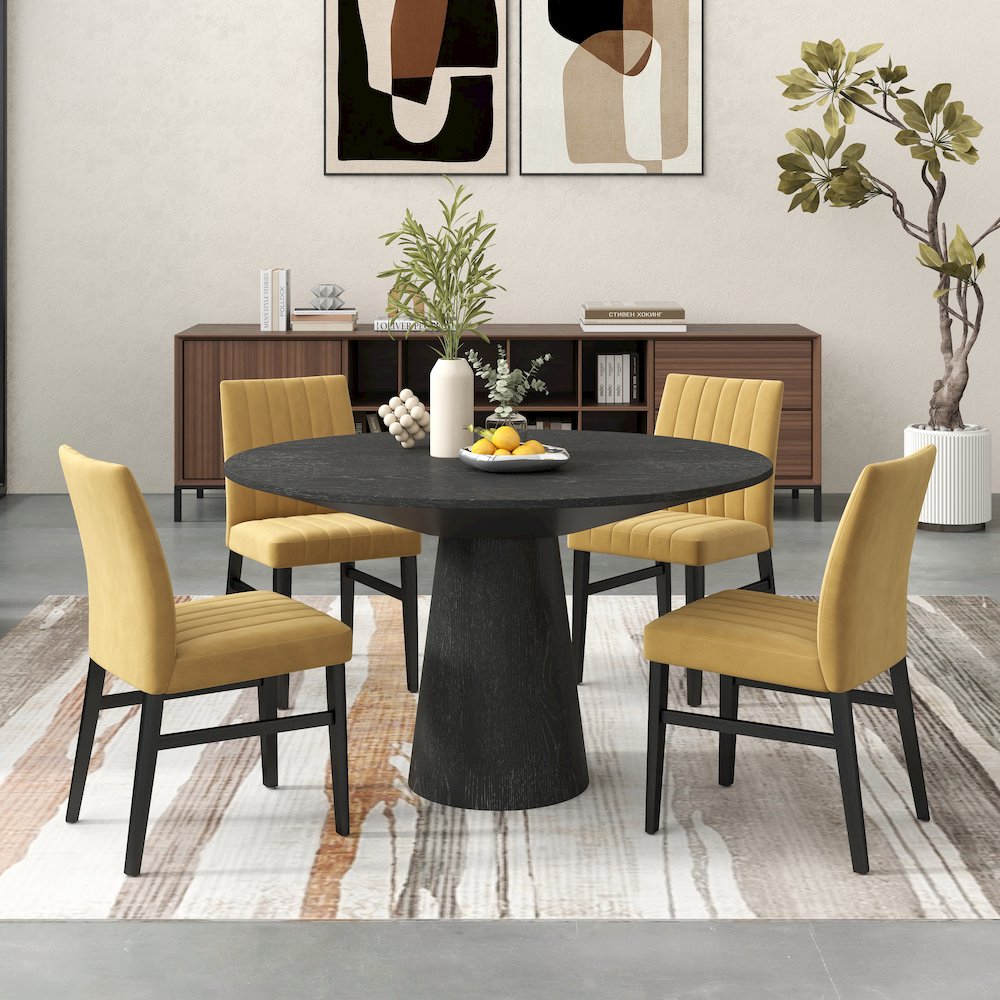 Butler 5-PC Round Dining Set, Pedestal Dining Table with 4 Side Chairs, Yellow. Picture 2