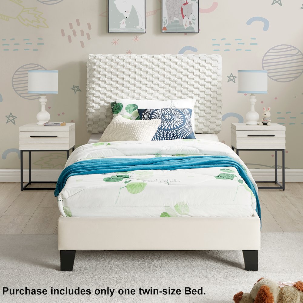 Findlay Plush 3D Upholstered Platform Bed in White Dove, Twin. Picture 3