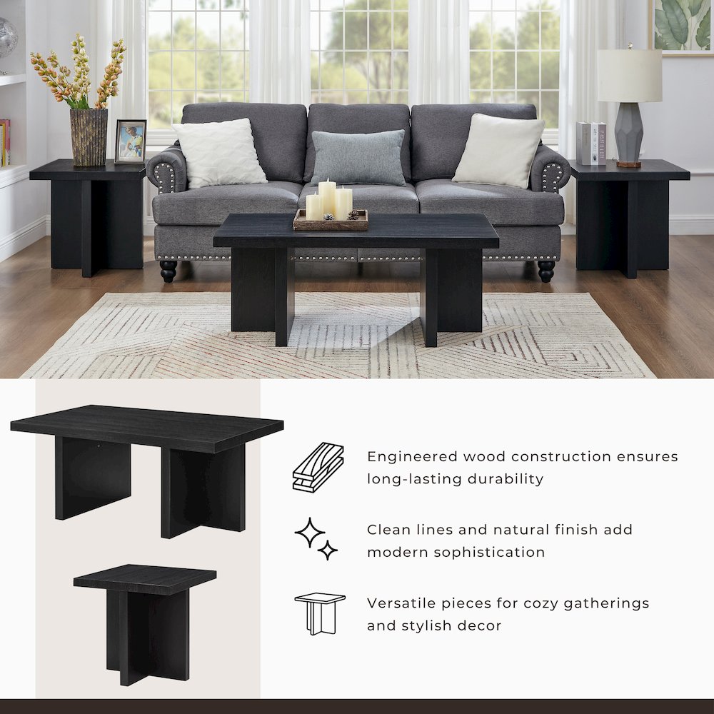 Mchome 3-Piece Coffee Table Set, Coffee Table and Two End Tables, Black Finish. Picture 9