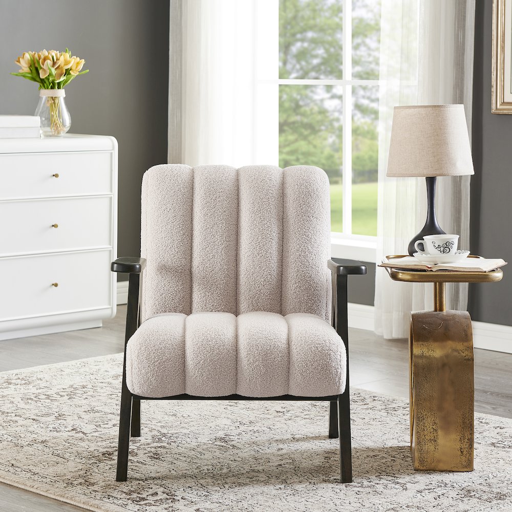 Rella Modern Teddy Sherpa Accent Chair with Espresso Wood Frame, Beige. Picture 3