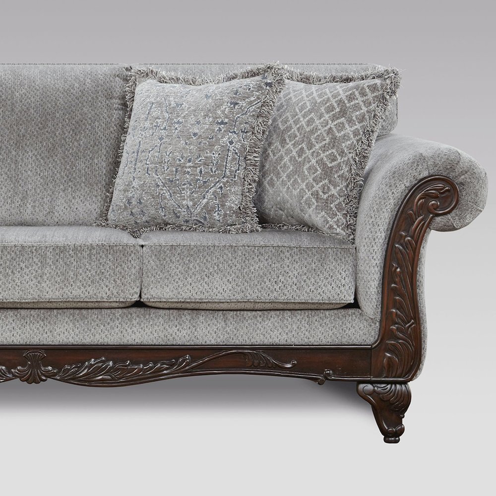 Hernen Carved Wood Frame Gray Sofa. Picture 3