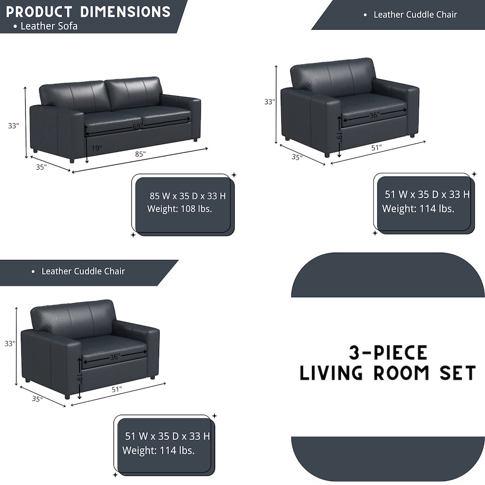 Sakan Leather Upholstered 3-Piece Living Room Set, Sofa and 2 Cutler Chairs. Picture 12
