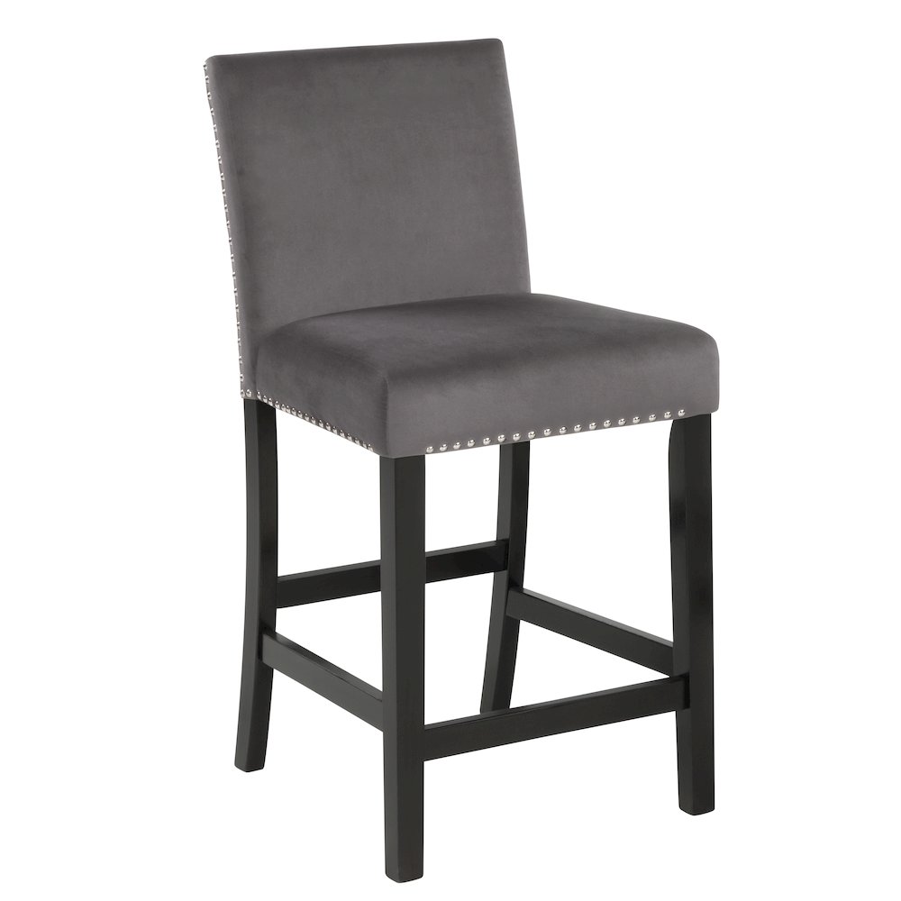 Cobre Contemporary Velvet Counter Stool with Nailhead Trim, Set of 2, Gray. Picture 4