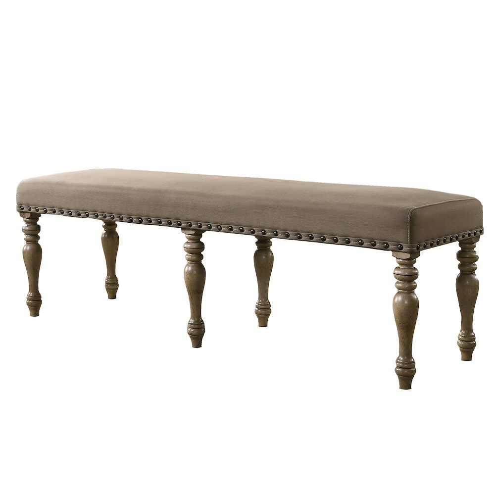Birmingham Microfiber Upholstered Bench with Nail Head Trim in Driftwood Finish. Picture 1