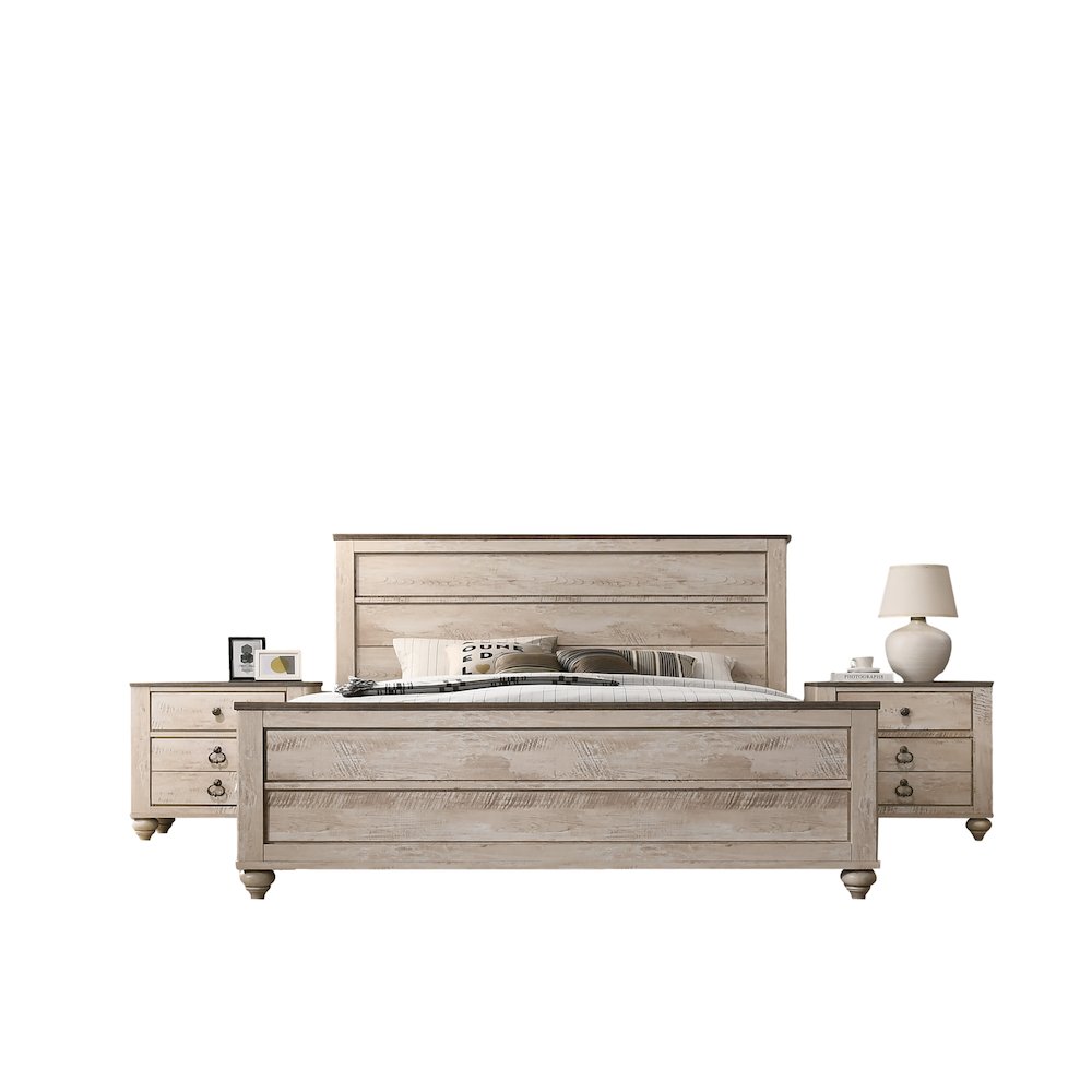 White Wash Finish 3-Piece Bedroom Set-King Bed and Two Nightstands. Picture 1