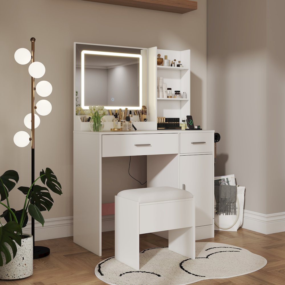 Makeup Vanity Set, Vanity Desk with Stool, LED Light Mirror, White. Picture 11