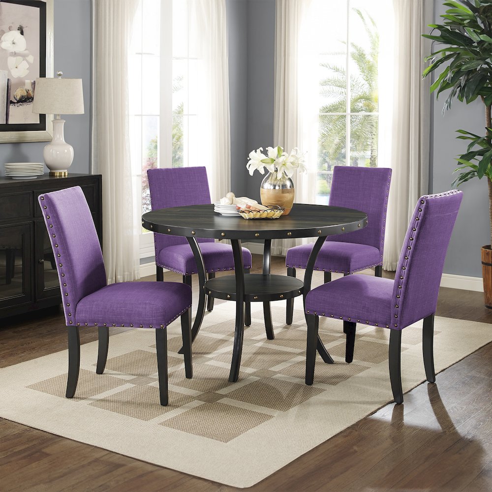 Biony Espresso Wood Dining Set with 4 Fabric Nailhead Chairs, Purple. Picture 2