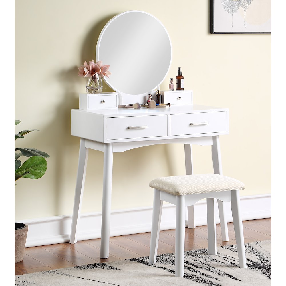 Liannon Contemporary Wood Vanity and Stool Set, White. Picture 2