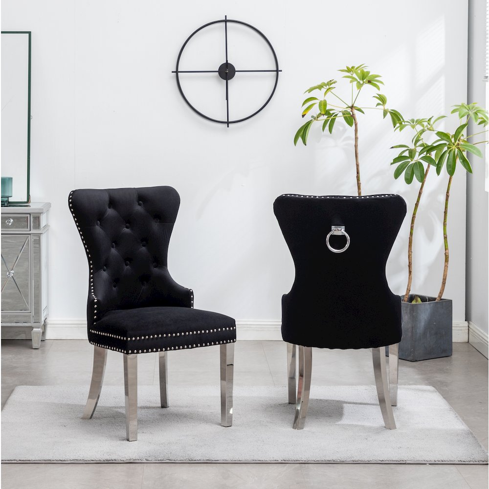Montura Contemporary Tufted Velvet Chair with Nailhead Trim, Set of 2, Black. Picture 6