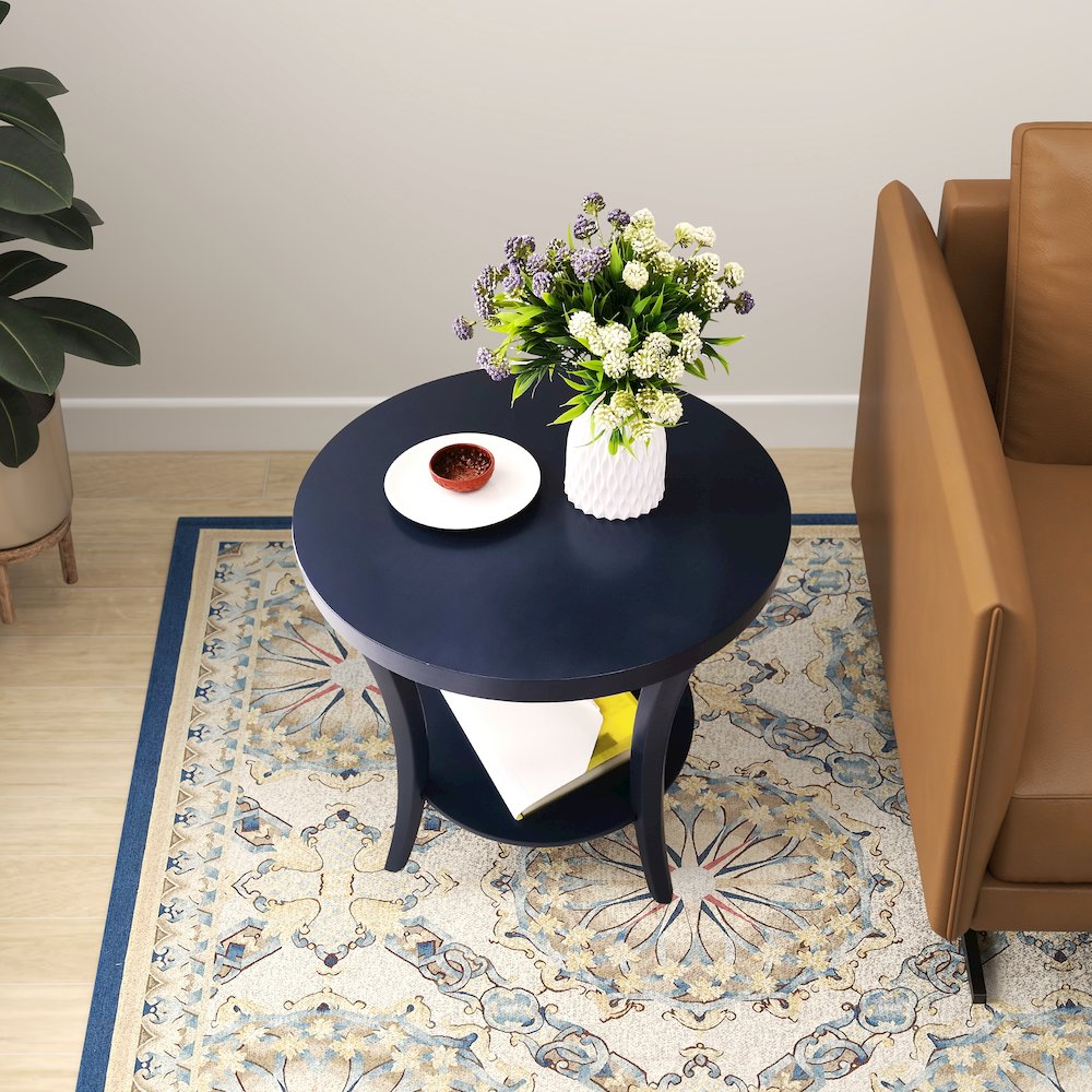 Perth Round End Table with Shelf, Navy Blue. Picture 3