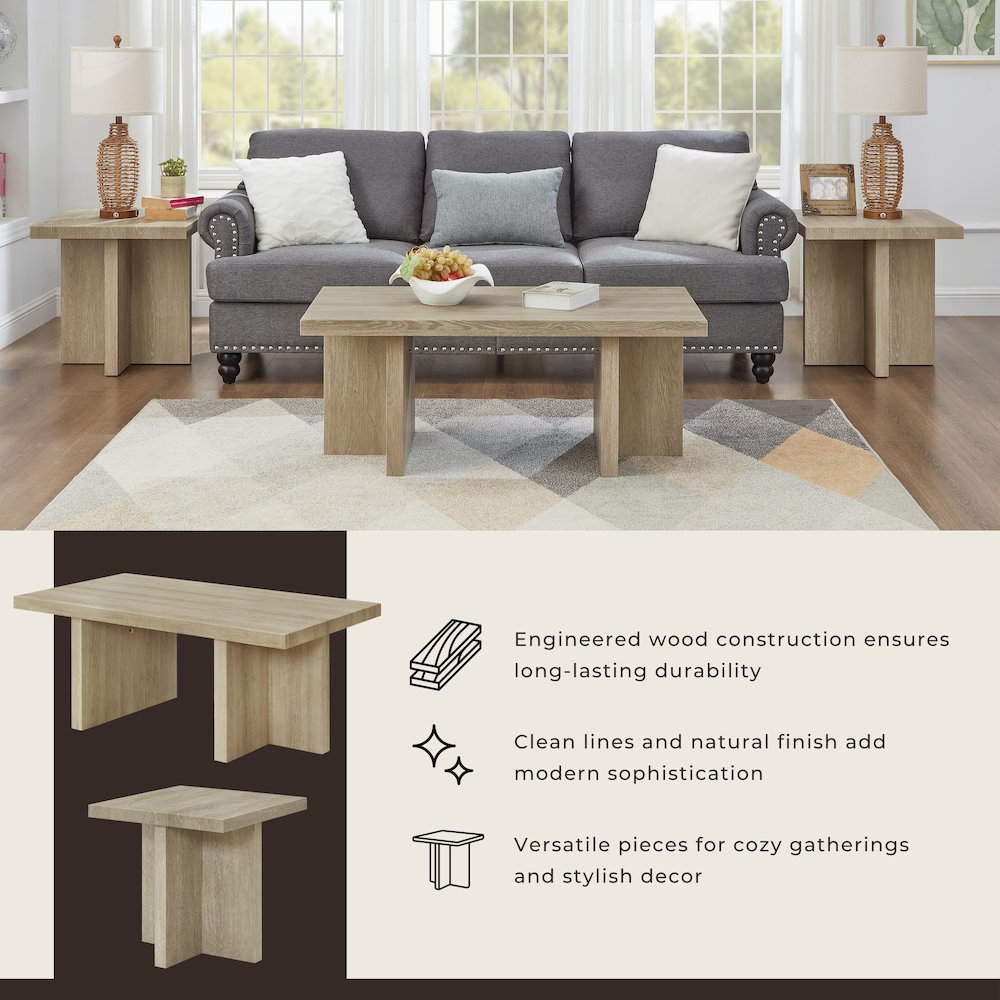 Mchome 3-Piece Coffee Table Set, Coffee Table and Two End Tables, Oak Finish. Picture 10