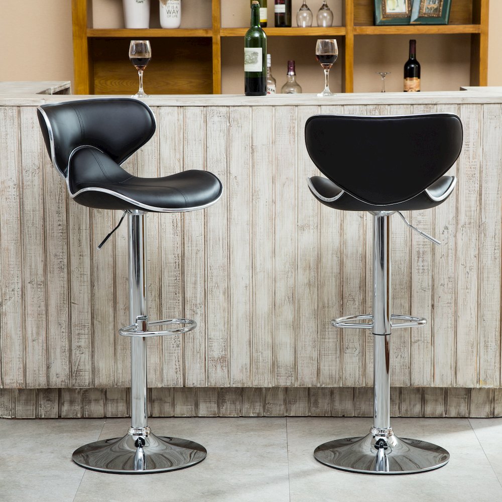 Masaccio Black Leatherette Adjustable Swivel Barstool Chrome Base, Set of 2. Picture 2