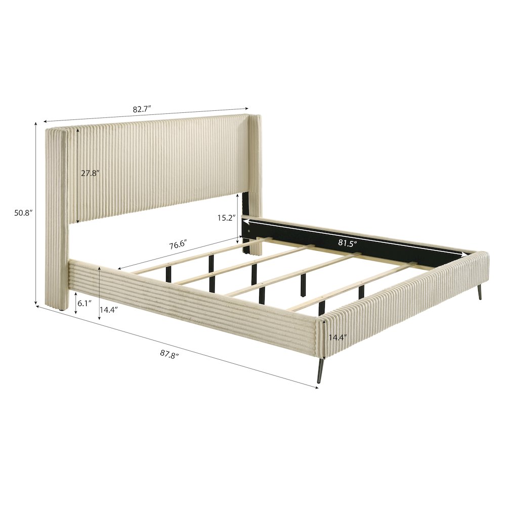 Mavela Wide Wale Corduroy Upholstery Panel King Bed, Cream. Picture 4